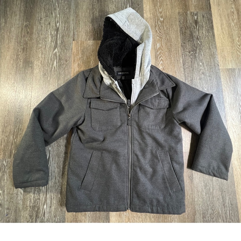 London Fog Hooded Jacket Boys Size L 14-16 Charcoal Grey Faux Fur Lined Zip Up